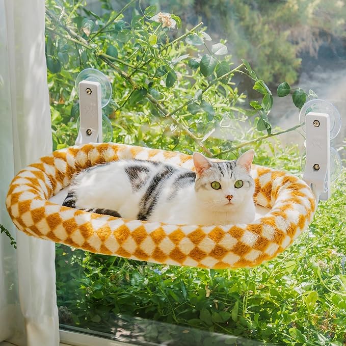 Mewoo Cat Window Perch, Cordless Cat Window Hammock with 4 Strong Suction Cups, Embeded Cat Hammock for Window, Steel Frame and Removable Soft Cover (Brown, Medium)