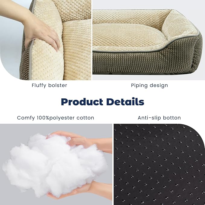 Miguel Removable Washable Dog Bed for Medium Dog Easy Clean - Rectangle Pet Bed for Large Cats with Zipper Cover Bolster Cuddle Puppy Bed with Supportive Side Wall Slip-Resistant Bottom, Khaki 30 Inch