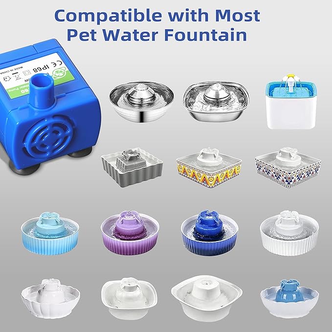 IP68 DR-DC160 submersible water pump Cat Water Fountain Pump for Tritone Ceramic, Stainless Steel, Round Flower Cap Cat Fountains, Automatic Pet Water Dispenser Replacement Pump (No LED & With Brush)