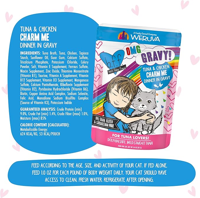 Weruva B.F.F. OMG - Best Feline Friend Oh My Gravy! Tuna & Chicken Charm Me with Tuna & Chicken in Gravy Cat Food, 3oz Pouch (Pack of 12)