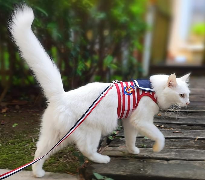 Cat Harness and Leash for Walking Escape Proof, Adjustable Cat Vest Harness, Padded Stylish Cat Walking Jackets, Sailor Suit Red, X-Small