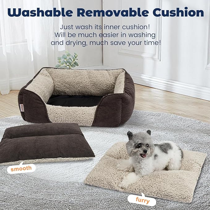 Miguel Washable Dog Bed with Removable Cushion for Medium Small Dogs, Easy to Wash Pet Sofa Bed with Side, Rectangle Bolster Cat Bed Calming Cuddle Puppy Bed with Anti-Slip Bottom, Brown 30 Inch