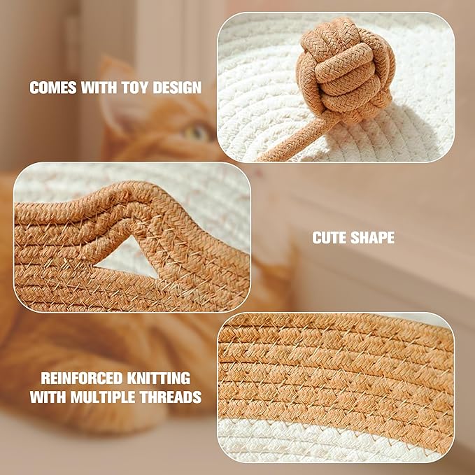 Hand Woven Cat Bed Basket Nest Round with Toy Tail, Natural Cotton Linen Cat Scratch Pad, Pet Sleeping Bed House Scratcher Scratch Mat Pad for Puppy Small Dogs Indoor Cat Summer (Small)