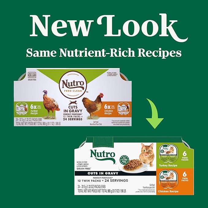 Nutro Wet Cat Food Cuts in Gravy Multipack: Turkey Recipe and Chicken Recipe, (12) 2.64 oz. Trays