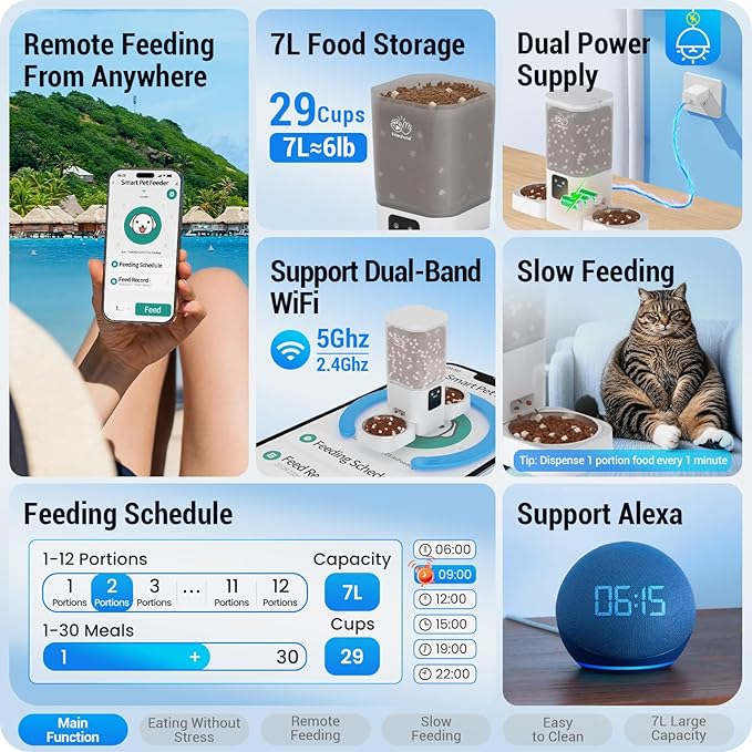 Automatic Cat Feeder with Slow Feed for 2 Cats: 5G WiFi Automatic Dog Feeder with 7L Large Pet Food Storage Container, Cat Food Dispenser with Alexa for Multiple Pets,Detachable for Easy Clean -29 Cup