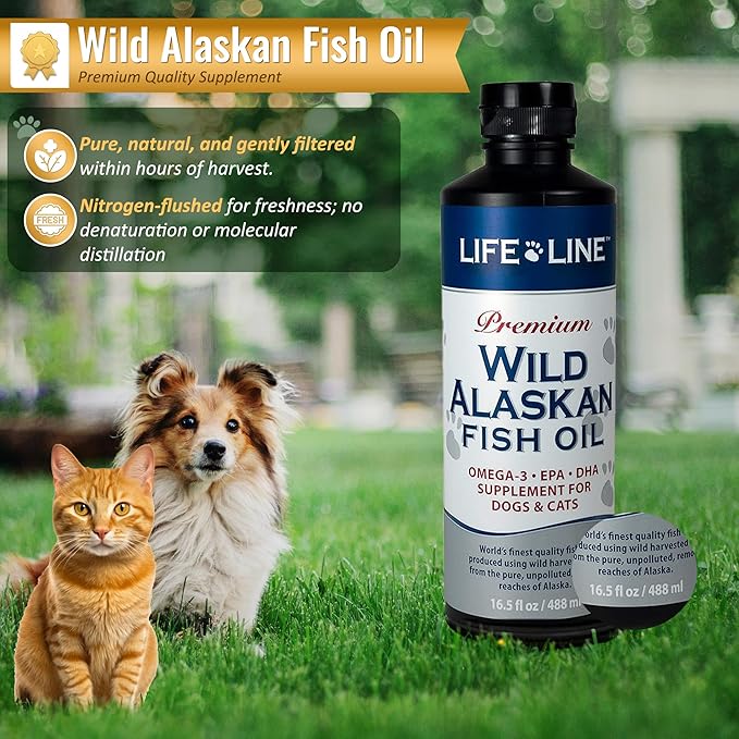 Life Line Pet Nutrition Wild Alaskan Fish Oil Omega-3 Supplement for Skin & Coat – Supports Brain, Eye & Heart Health in Dogs & Cats, 16.5oz