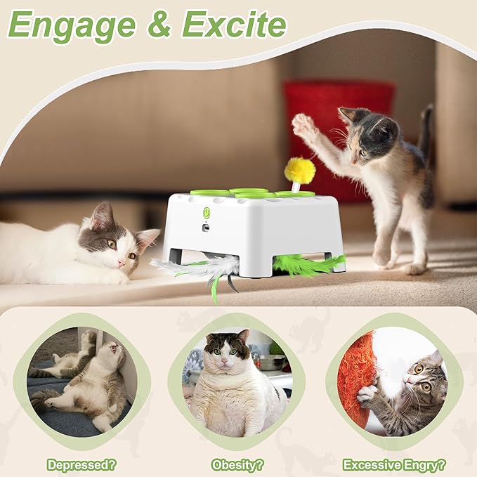 Cat Toys, Interactive Cat Toys, 2-in-1 Automatic Cat Toy, 4 Holes Mice Whack A Mole Cat Mouse Toy with Moving Feather, Portable USB Rechargeable Electronic Kitten Toys (White)
