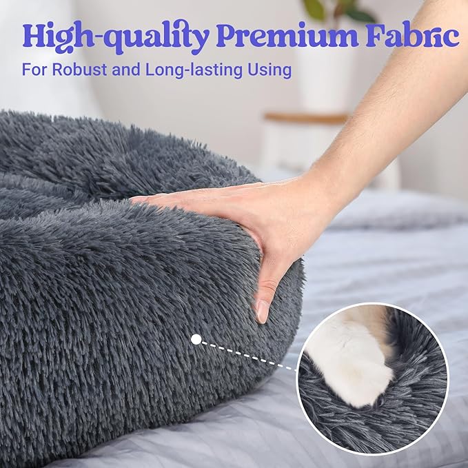 rabbitgoo Calming Dog Bed for Small Medium Dog, 27 inches Pet Bed Machine Washable, Non-Slip Round Fluffy Plush Faux Fur Dog Bed, Soft Donut Cuddler Cushion for Small Dog, Dark Grey