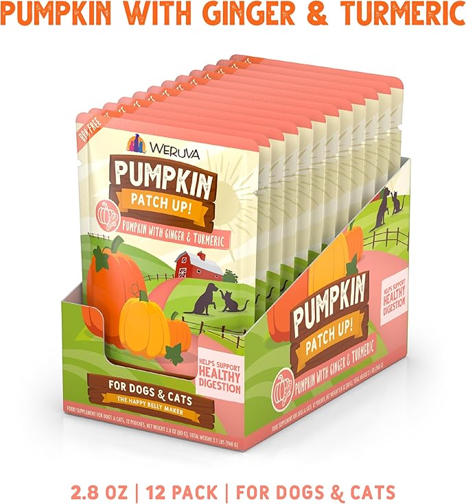 Weruva Pumpkin Patch Up!, Pumpkin with Ginger & Turmeric for Dogs & Cats, 2.8oz Pouch (Pack of 12)