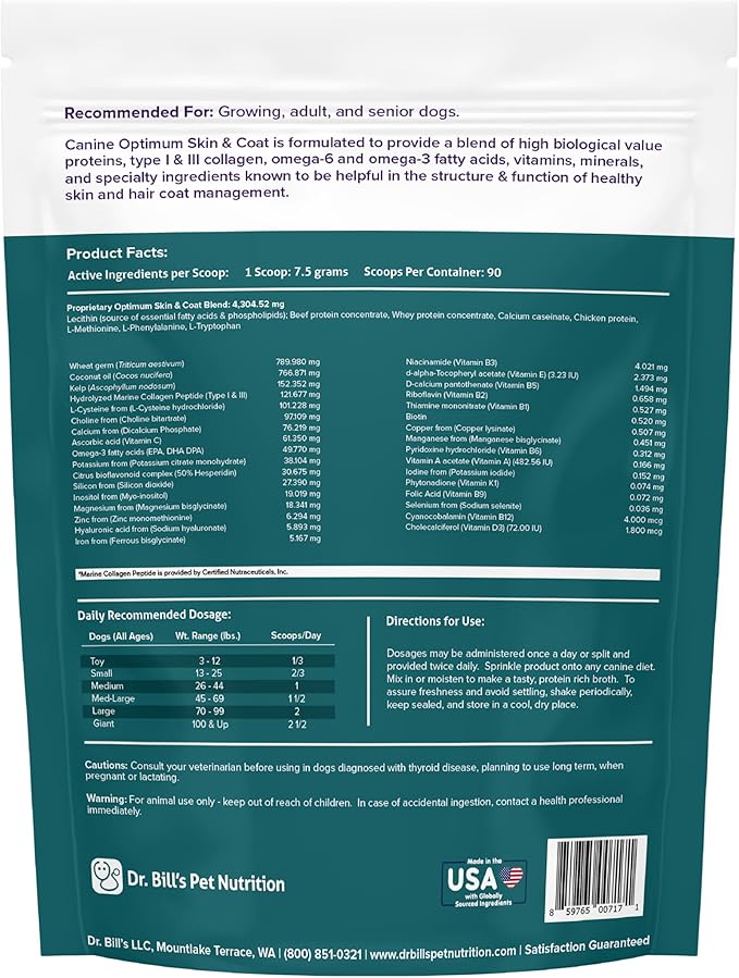 Dr. Bill’s Canine Optimum Skin & Coat (680g) – Fish Oil Omega-3 Fatty Acids Dog Supplement with Biotin, Type I & III Marine Collagen, Hyaluronic Acid & Folic Acid