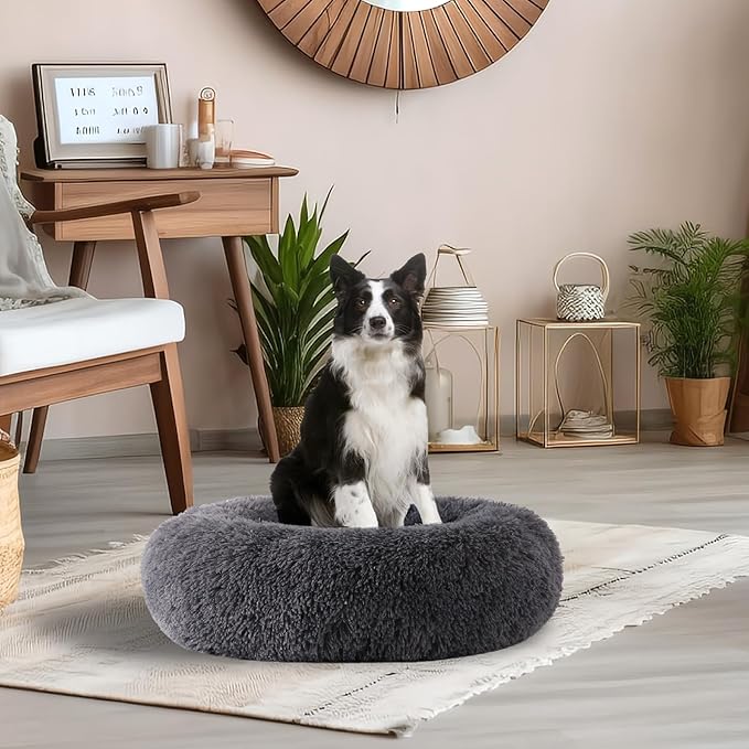 Calming Dog Bed, Dog Beds Fits up to 40 lbs Pets, Fluffy Donut Dog & Cat Bed Washable, Round Anti Anxiety Dog Bed, Small Dog Bed with Non-Slip Bottom (Dark Grey, 28" x 28")