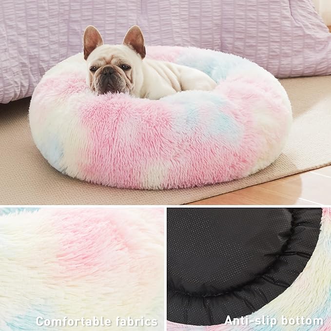 Love's cabin 24in Cat Beds for Indoor Cats - Cat Bed with Machine Washable, Waterproof Bottom - Fluffy Dog and Cat Calming Cushion Bed for Joint-Relief and Sleep Improvement, Rainbow