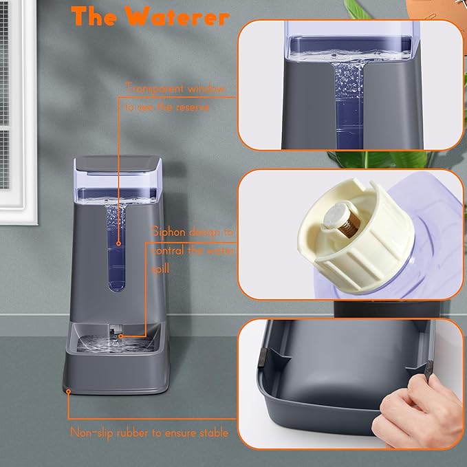 2 Packs Automatic Cat Feeder and Waterer, Gravity Dog Food and Water Dispenser Set for Small Medium Big Pets Cats Dogs Puppy Kitten, 1 Gallon x 2