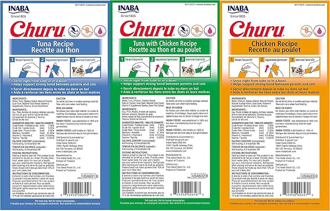 INABA Churu Lickable Creamy Purée Cat Treats 3 Flavor Variety Pack of 24 Tubes