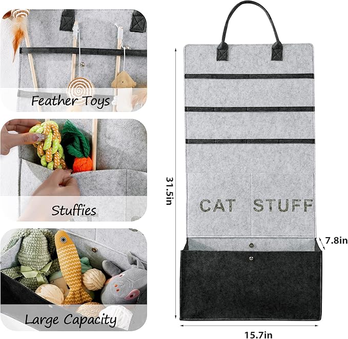 MABOZOO Cat Toy Storage Organizer for Wand Toys,Durable Pet Storage Box with Handle Cat Feather Toy Storage Hanging Bag for Neatly Organizing Teaser Wand Toys(Dark Grey)