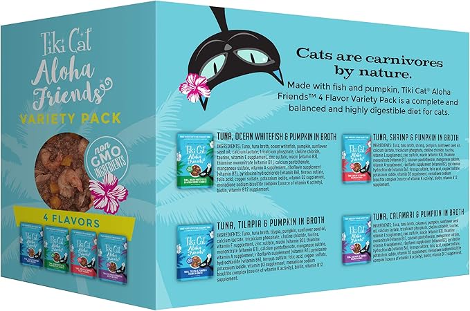 Tiki Cat Aloha Friends Variety Pack, Seafood Flavors with Pumpkin, Wet, High-Protein & High-Moisture Cat Food, For All Life Stages, 3 oz. Pouch (Case of 12)