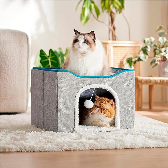 Cat Square Bed for Indoors Cats, Large Cat Cave for Pets,2 Cushion Lightweight and Foldable, with Scratcher and Fluffy Ball Hanging,Woll-Like Soft Cover,16”x14”, Gray