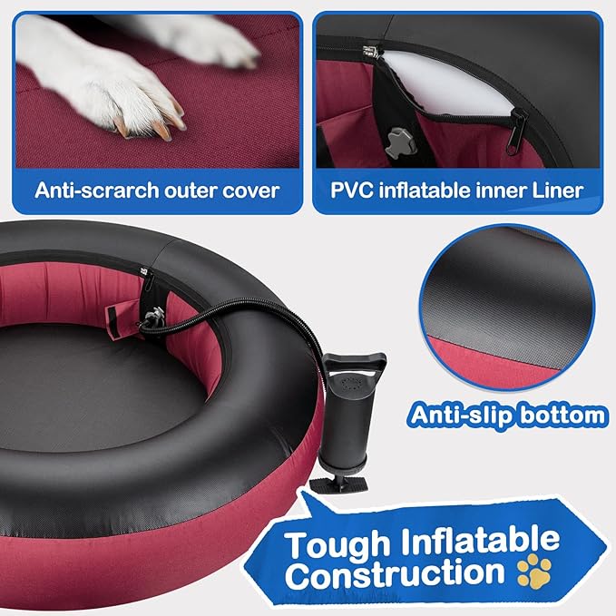 Elevated Dog Bed,Inflatable Dog Bed Raised,Pet Cushion Sofa for Medium Dogs,Portable Dog Cot Doughnut Round Stand,Waterproof Dog Bed Frame for Indoor,Outdoor(Red)