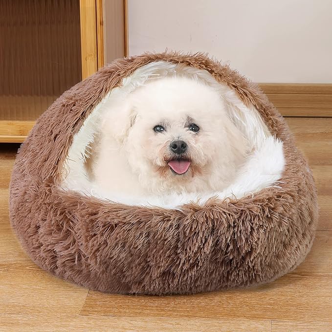 NOYAL Dog Bed Round Hooded Plush Cat Cave Donut Anti Anxiety Fluffy Dog Bed for Small Medium Dog and Cat