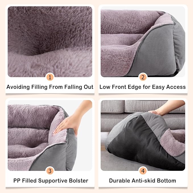 MIXJOY Dog Beds for Large Dogs, Big Dog Bed Large Size Dog Washable, Orthopedic Calming Soft Pet Beds Cuddler, Rectangle Sleeping Rabbit-Velvet Cozy Puppy Bed with Anti-Slip Bottom (35x25in, Grey)