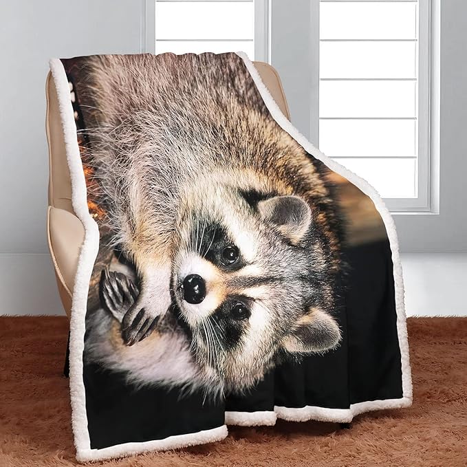 Raccoon Sherpa Blanket, Animal Print Fleece Throw Blankets for Couch Sofa Bed, Super Soft Warm and Lightweight, 60" x 80"