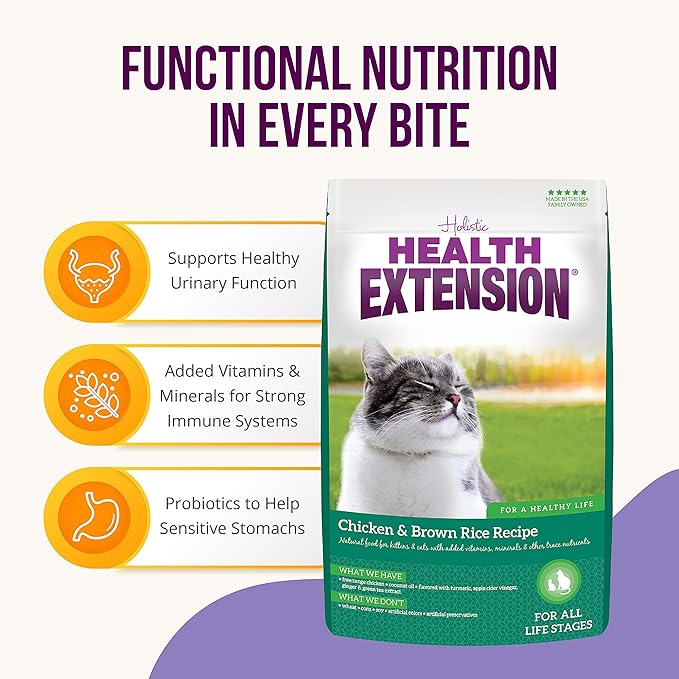 Health Extension Dry Cat Food, (15 lb / 6.8 kg) - Chicken & Brown Rice Recipe with Added Vitamins, Minerals, and Probiotics, Suitable for All Cats & Kittens