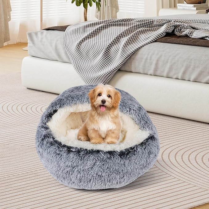 Cat Beds & Dog Bed with Cover Cave, Dog Beds for Small Dogs, Round Soft Plush Donut Calming Pet Bed for Indoor Cats or Small Dog, Washable Puppy Bed with Non-Slip Bottom-16inch