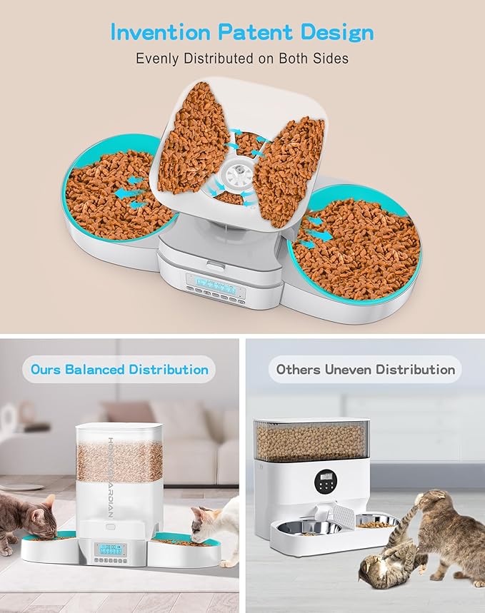 HoneyGuaridan Automatic Cat Feeder for Two Cats,3.5L Cat Food Dispenser with Slow Bowl,Timed Feeder Programmable 1-6 Meals Control, Dual Power Supply,Desiccant Bag,10s Meal Call White
