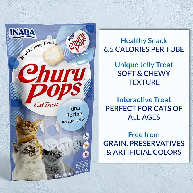 INABA Churu Pops, Grain-Free, Soft, Moist and Chewy Jelly Cat Treats with Vitamin E, 0.54 Ounces Each, 24 Tubes (4 per Pack), Tuna Recipe