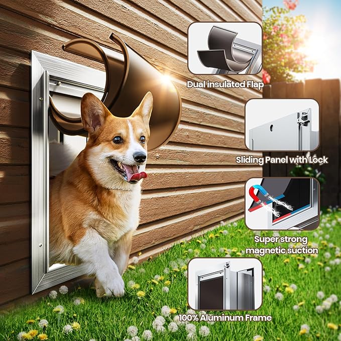 Dog Door for Wall, Medium Doggy Door, Heavy Duty Cat Pet Door, All Aluminum Frame, Double Magnetic Flaps, Energy Efficient, Telescoping Tunnel, Sliding Lock Panel, Easy to Install (Pets Up to 45 Lb)