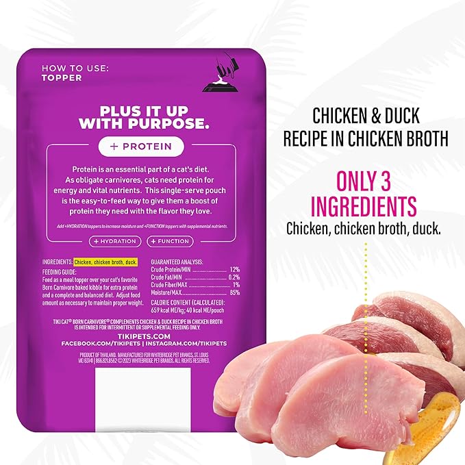Tiki Cat Born Carnivore Complements Wet Cat Food Topper, Chicken & Duck 2.1 oz. Pouch (12 Count)