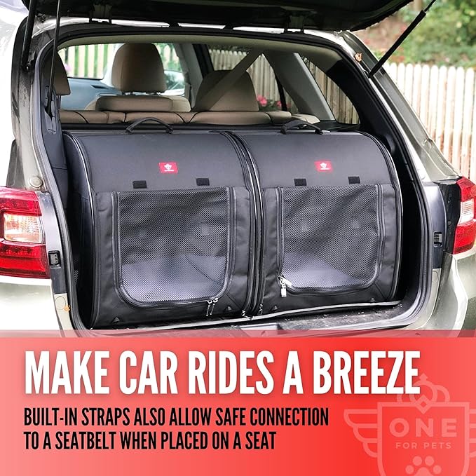 Portable 2-in-1 Double Pet Kennel/Shelter, Fabric, Black/Royal Blue 20"x20"x39" - Car Seat-Belt Fixture Included (Black)