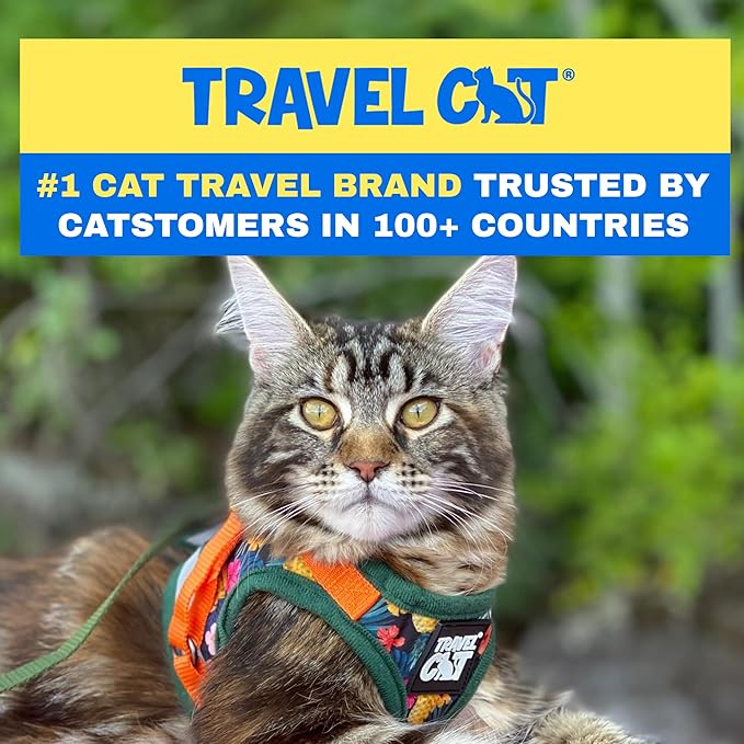 Travel Cat Harness and Leash Set - Adjustable Fit Mesh Cat Harness and Reflective Strap - Comfort Escape Proof Harness for Cats, Kitten for Outdoor Walking, Hiking (Medium, Hawaiian)