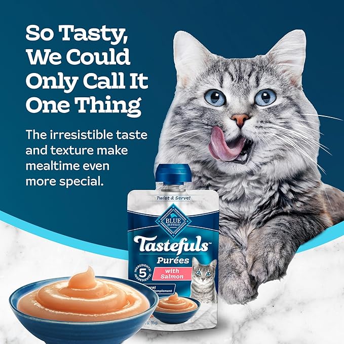 Blue Buffalo Tastefuls Purées with Salmon, Natural Cat Food Complement, Resealable Twist Cap Pouches, 3-oz. (12 Count)