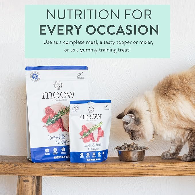 Meow Air Dried Cat Food - Beef & Hoki Recipe, High Protein Dry Cat Food Use as a Complete Diet, Topper, Mixer, or as Cat Training Treats, All Life Stages, 3.5 oz