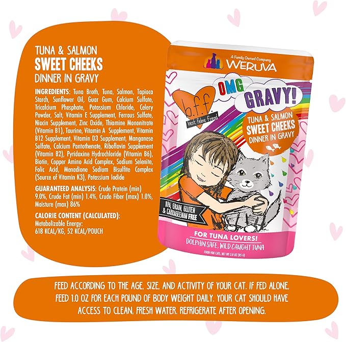 Weruva B.F.F. OMG - Best Feline Friend Oh My Gravy!, Tuna & Salmon Sweet Cheeks with Tuna & Salmon in Gravy Cat Food, 3oz Pouch (Pack of 12)