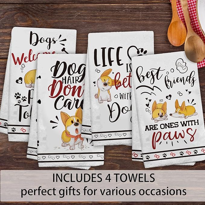 Hexagram Dog Mom Gifts for Women, Dog Kitchen Towels Set of 4, Corgi Gifts for Corgi Lovers, Funny Cute Dish Hand Towels for Home Kitchen Decor
