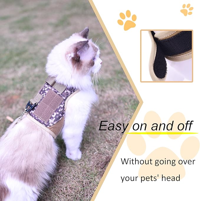 Tactical Kitty Harness and Leash for Walking Escape Proof, Desert Camo, X-Small, Adjustable Cat Walking Jackets, Padded Stylish Cat Vest for Winter