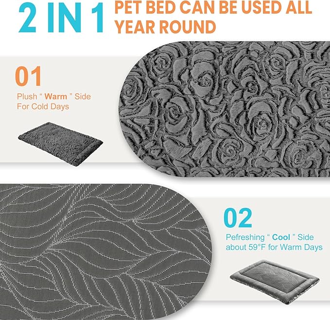 2 in 1 Dog Bed Crate Pad Mat Washable Reversible (Cool & Warm) Soft Fluffy Pet Kennel Beds for Large Medium Small Puppy Cat Sleeping Mattress Machine Wash Dog Cooling Mats (Dark Grey, 35" 23"*1.5")