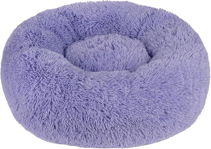 Best Pet Supplies Round Donut Dog Bed with Plush Faux Fur Fabric, Calming, Anti-Anxiety Cushion for Indoor Pets, Slip-Resistant Base, Soft Ergonomic Support - Lavender, 24x24x7''