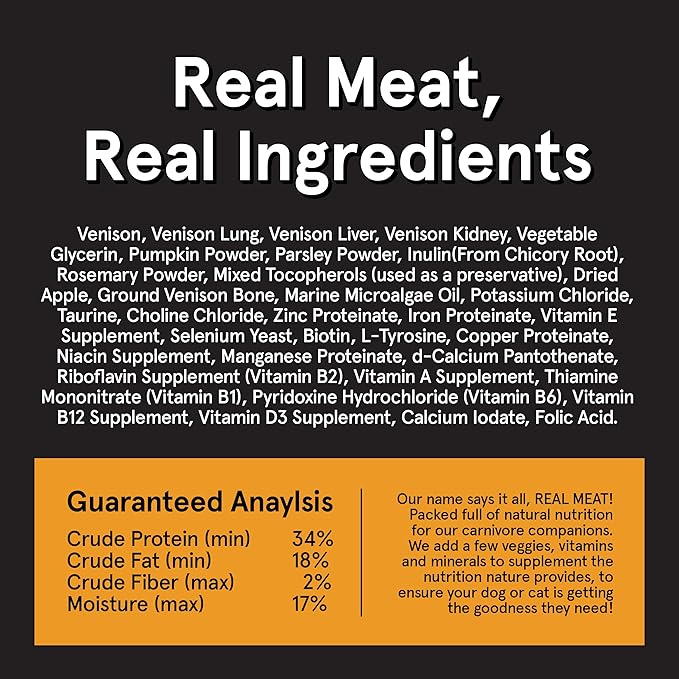 Real Meat Air Dried Cat Food & Dog Food w/Real Venison - 5oz of USA-Crafted Grain-Free Dry Dog & Cat Food Sourced from Free-Range, Grass-Fed Venison - All Natural, High Protein Pet Food