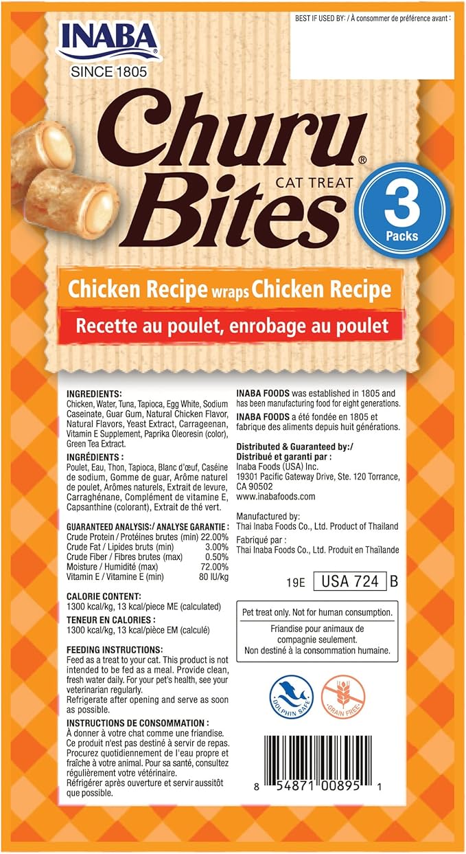 INABA Churu Bites for Cats, Soft Baked Chicken Churu Filled Cat Treats with Green Tea Extract, 0.35 Ounces Each Tube, 9 Tubes Total, Chicken Recipe