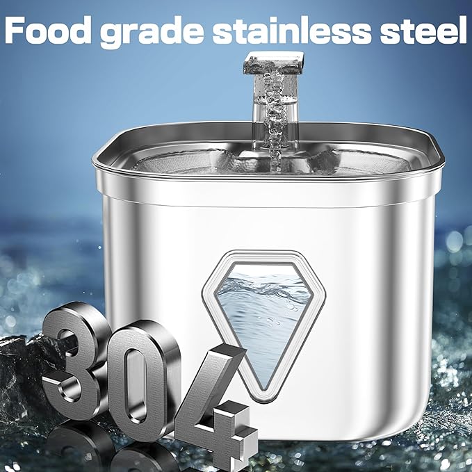 Cat Water Fountain Stainless Steel, Pet Water Fountain for Drinking, 2.2L/73oz Cat Fountain, Automatic Dog Water Dispenser, Water Level Window&3 Filters, Multiple Pet Fountain