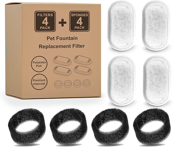 Cat Water Fountain Filters, Compatible with Stainless Steel Pet Fountain 8 Filters with 8 Sponges Replacement Filters for Cat Fountain (4 Filters& 4 Sponges)