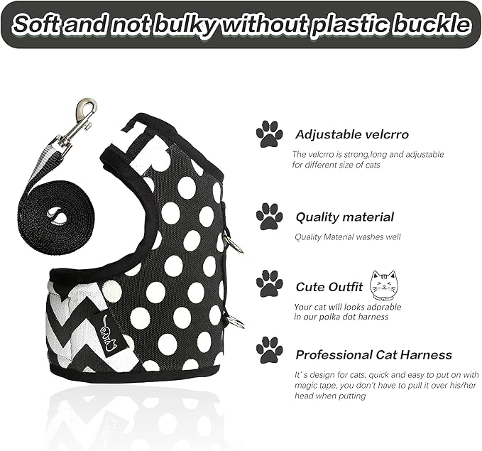 Cat Harness and Leash for Walking Escape Proof, Adjustable Cat Vest Harness, Padded Stylish Cat Walking Jackets, Polka Dot Black, Large