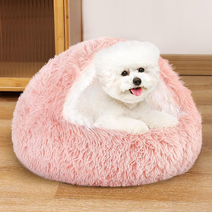 NOYAL Dog Bed Round Hooded Plush Cat Cave Donut Anti Anxiety Fluffy Dog Bed for Small Medium Dog and Cat