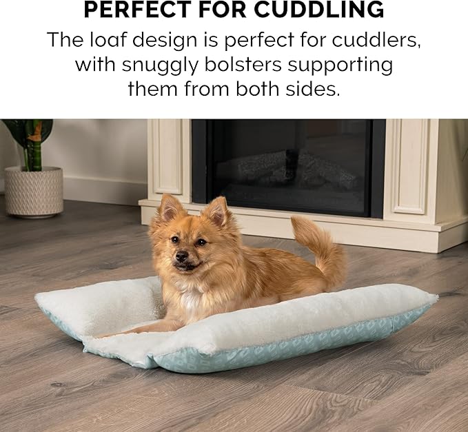 Furhaven Cat Bed for Indoor Cats, Washable w/ Removable Bolsters, For Pets Up to 18 lbs - Plush & Diamond Print Cuddle Loaf Mat - Aqua, Large