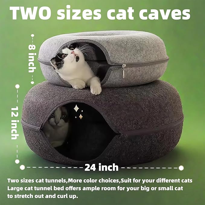 Donut Cat Tunnel Bed Peekaboo Cat Cave for Large Cats Up to 30 Lbs, Kitty Interactive Playing Tent House for Multiple Cats,Detachable,Scratch Resistant (Beige, Large - 24 Inch Diameter)