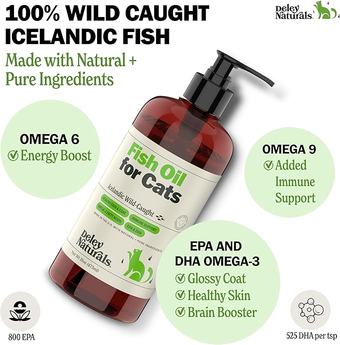 Deley Naturals Wild Caught Fish Oil for Cats with Omega 3 6 9 - Cat Fish Oil with Highest EPA & DHA Potency - Omega 3 for Cats to Reduce Shedding & Support Skin, Coat, Joints, Heart & Immune System