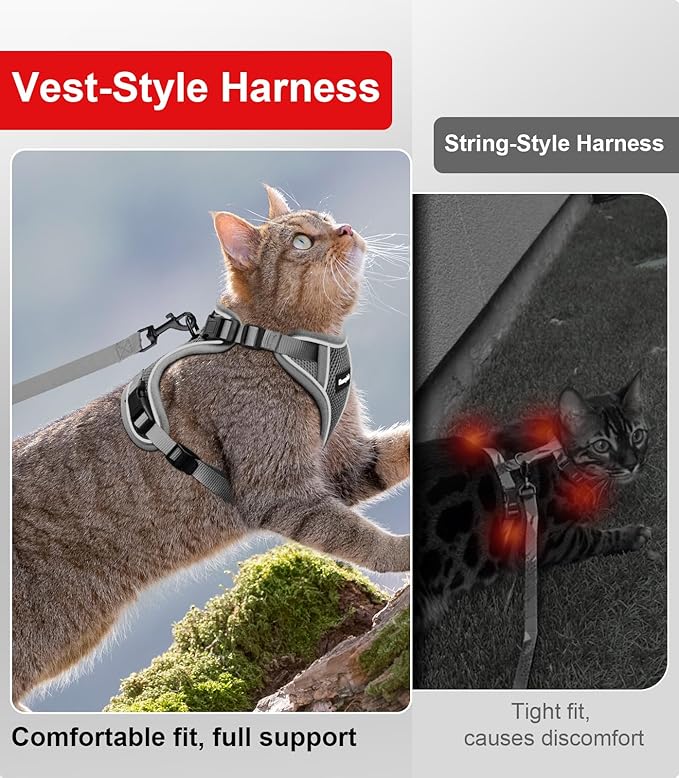 Cat Harness and Leash for Walking Escape Proof Soft Adjustable Cat Leash Breathable Comfortable Vest Easy to Wear Kitten Harness for Outdoor Travel Grey M